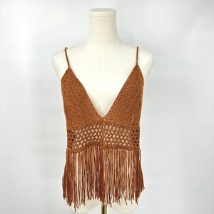 Windsor Crochet Fringe Halter Top XL Rust Brown Boho Festival Cottage‎ Indie
